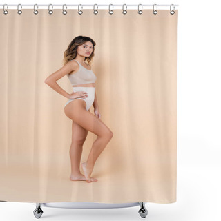 Personality  Full Length View Of Asian Woman With Perfect Body Posing With Hand On Hip On Beige Shower Curtains