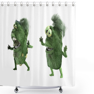 Personality  Two Green Scary Monsters Isolated On White Background Shower Curtains