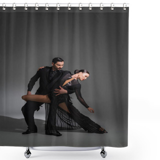 Personality  Elegant Dancer Hugging Brunette Partner In Black Dress On Grey Background With Lighting  Shower Curtains