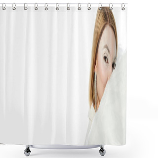 Personality  Charming Angelic Woman Looking At Camera Behind Ethereal Wings On White Backdrop, Banner Shower Curtains