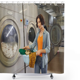 Personality  Young Asian Woman Holding Basket With Clothes Near Washing Machines In Public Laundry Shower Curtains