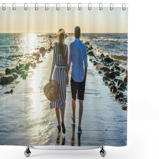 Personality  Back View Of Couple In Love Walking On Seashore During Sunset In Riga, Latvia Shower Curtains