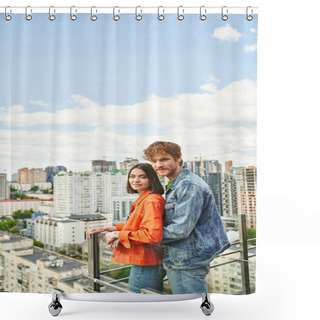 Personality  A Man And Woman Embrace While Standing On The Edge Of A Tall Building, Overlooking The City Below With A Sense Of Freedom And Connection Shower Curtains