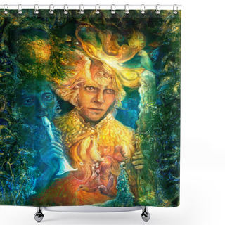 Personality  Golden Sun God And Blue Water Goddess, Fantasy Imagination Detailed Colorful Painting,  With Birds And Flute Music Shower Curtains