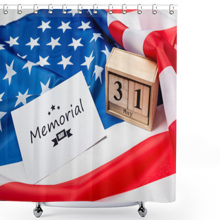 Personality  Wooden Calendar And Card With Memorial Day Lettering On American Flag On Grey Background  Shower Curtains