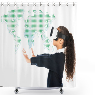 Personality  African American Schoolgirl With Outstretched Hands Using Virtual Reality Headset Isolated On White, Global Map Illustration Shower Curtains