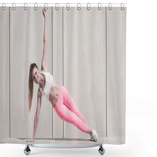 Personality  Sporty Woman Doing Side Plank Exercise On Platform Shower Curtains