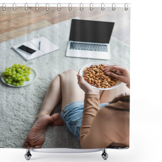 Personality  Cropped View Of Freelancer With Bowl Of Almonds Sitting On Floor Near Gadgets And Fresh Grape Shower Curtains