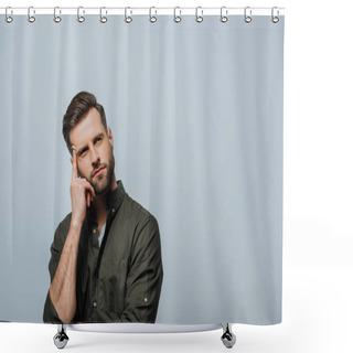Personality  Dreamy Man With Finger Near Forehead Looking Away Isolated On Grey Shower Curtains