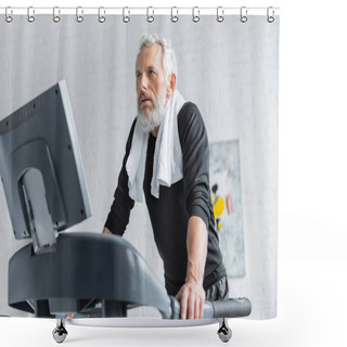 Personality  Bearded Man With Grey Hair Exercising On Treadmill At Home  Shower Curtains