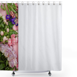 Personality  Top View Of Beautiful Fresh Roses, Tulips And Irises On Pink And White Background  Shower Curtains