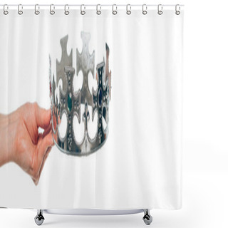 Personality  Cropped View Of Woman Holding Antique Silver Crown, Isolated On White, Panoramic Shot Shower Curtains