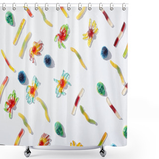 Personality  Pattern With Gummy Spiders And Worms Isolated On White, Halloween Treat Shower Curtains