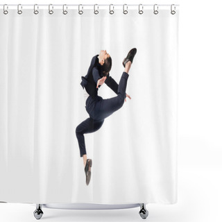 Personality  Graceful Businesswoman In Formal Wear Jumping In Dance Isolated On White Shower Curtains