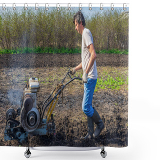 Personality  Man In Wellingtons With Cultivator Ploughs Ground In Sunny Day. Land Cultivation, Soil Tillage. Spring Work In Garden. Gardening Concept. Shower Curtains