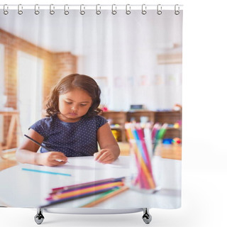 Personality  Beautiful Toddler Girl Drawing Cute Draw Using Colored Pencils At Kindergarten Shower Curtains
