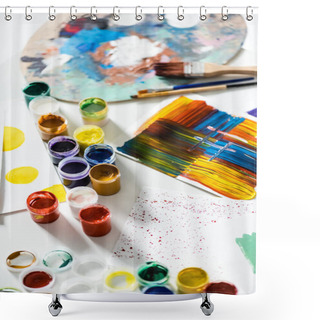 Personality  Gouache Paints, Paintbrushes And Abstract Colorful Brushstrokes On Paper On White Background Shower Curtains