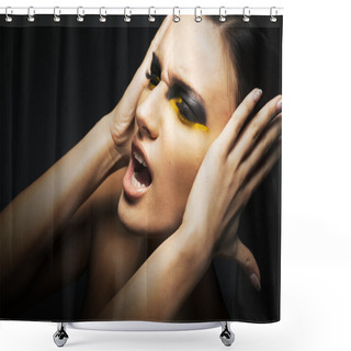 Personality  Emotions. Headache. Young Woman Screaming. Pain Shower Curtains