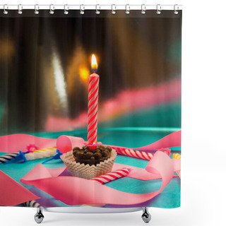 Personality  Candle On Birthday Burning In The Background Other Candles, Pink Ribbons, Festive Atmosphere Shower Curtains