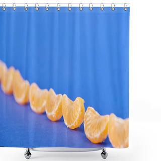 Personality  Selective Focus Of Peeled Tangerine Slices On Blue Background Shower Curtains
