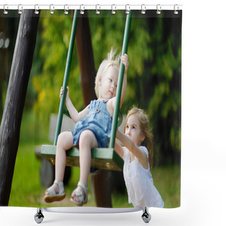 Personality  Two Little Sisters Having Fun On A Swing Shower Curtains