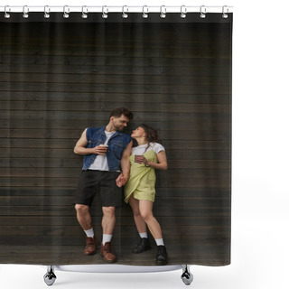 Personality  Full Length Of Fashionable Romantic Couple In Boots And Summer Outfits Holding Coffee To Go And Looking At Each Other While Standing Near Wooden House, Carefree Moments Concept Shower Curtains