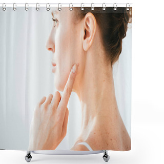 Personality  Attractive Woman Pointing With Finger At Mole On Face Isolated On White  Shower Curtains