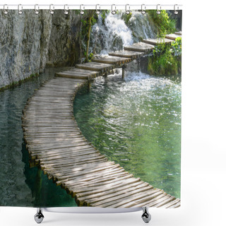Personality  Wooden Boardwalk For Hiking Next To A Lake Shower Curtains
