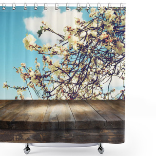 Personality  Wooden Rustic Table In Front Of Spring White Cherry Blossoms Tree. Vintage Filtered Image. Product Display And Picnic Concept Shower Curtains