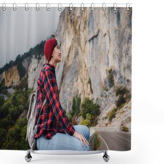 Personality  Asian Hipster Woman Walking Alone On A Mountain Highway On An Autumn Foggy Day. The Idea And Concept Of Digital Detox, Solo Travel And Freedom Shower Curtains