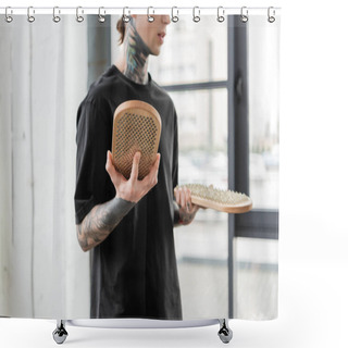 Personality  Cropped View Of Blurred Tattooed Man Holding Sadhu Board In Yoga Studio  Shower Curtains