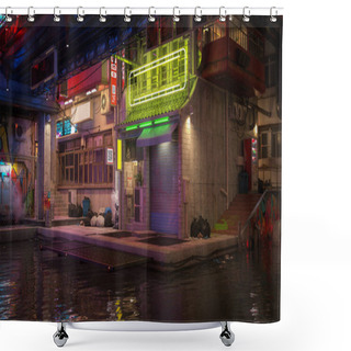 Personality  Seedy Downtown Waterside Scene In A Dystopian Future Cyberpunk City. 3D Rendering. Shower Curtains