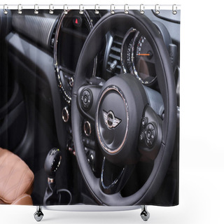 Personality  Nonthaburi,THAILAND - March 30, 2018: Multifunction Control Wheel, The New Mini Cooper S Convertible At BANGKOK MOTOR SHOW 2018 Shower Curtains