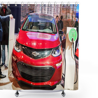 Personality  Toronto, Canada - 2018-02-19: Visitors Of 2018 Canadian International AutoShow Beside The Chevrolet Bolt EV Electric Car On The Chevrolet Division Of General Motors Corporation Exposition Shower Curtains