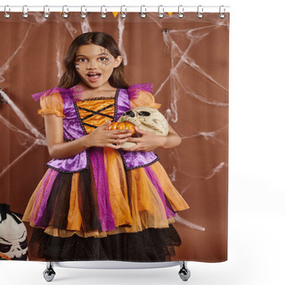 Personality  Amazed Girl In Halloween Costume Holding Pumpkins And Skull On Brown Backdrop, Spooky Season Shower Curtains