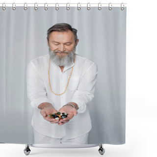 Personality  Senior Guru Master With Handful Of Meditation Stones Isolated On Grey Shower Curtains
