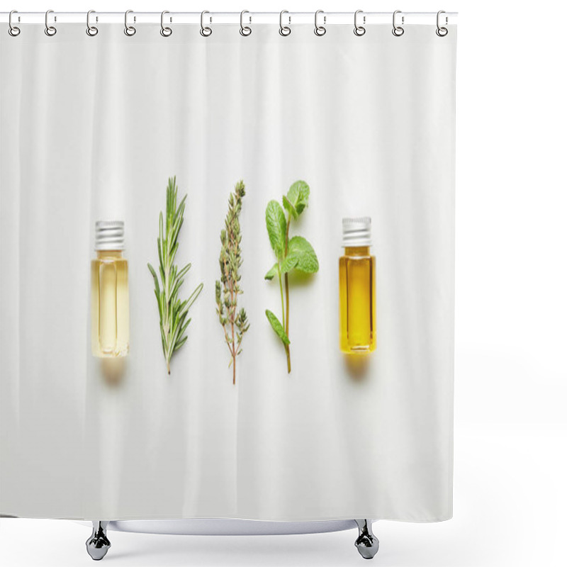 Personality  Top View Of Essential Oil, Rosemary, Thyme And Mint On White Background Shower Curtains