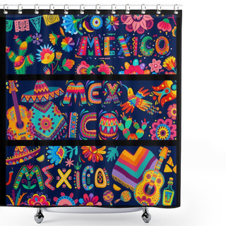 Personality  Banners With Vibrant Colors Mexican Flowers, Papel Picado Flags, Sombrero, Guitar And Poncho, Birds And Food. Shower Curtains