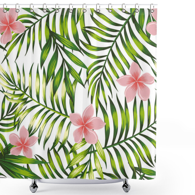 Personality  Exotic wallpaper of bright jungle green tropical leaves and pink flowers frangipani (plumeria) seamless pattern. Vector composition white background shower curtains