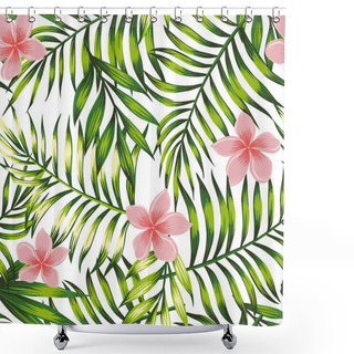 Personality  Exotic Wallpaper Of Bright Jungle Green Tropical Leaves And Pink Flowers Frangipani (plumeria) Seamless Pattern. Vector Composition White Background Shower Curtains