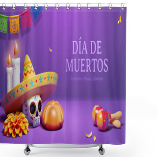 Personality  Day Of The Dead Banner. 3d Illustration Of Dia De Muertos Card With A Sugar Skull, Burning Candles, Flowers, Food, Shaker And Flags On Purple Background Shower Curtains