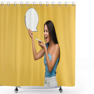 Personality  Emotional Girl Holding Blank Speech Bubble And Screaming While Using Smartphone Isolated On Orange  Shower Curtains