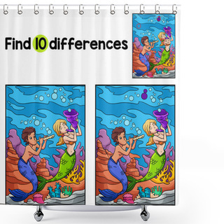 Personality  Find Or Spot The Differences On This Mermaid Playing Flute Kids Activity Page. A Funny And Educational Puzzle-matching Game For Children. Shower Curtains