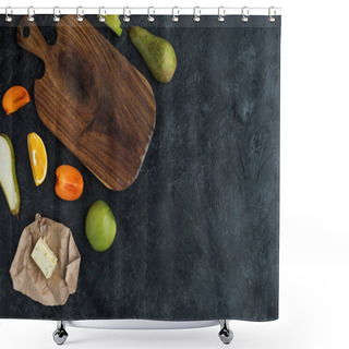 Personality  Flat Lay With Fresh Fruits, Butter And Empty Cutting Board On Dark Tabletop Shower Curtains