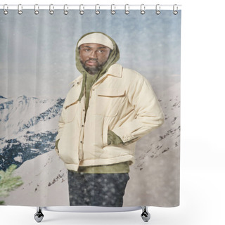 Personality  Stylish African American Man Posing With Hands In Pockets Standing Under Snowfall, Winter Concept Shower Curtains