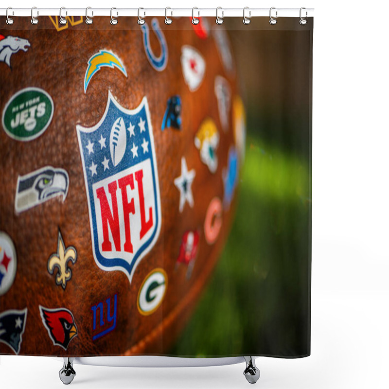 Personality  NEW YORK, USA, SEPTEMBER 11, 2023: NFL Game Ball, Logo In Focus And Logos Of All Other Teams Of National Football League Shower Curtains