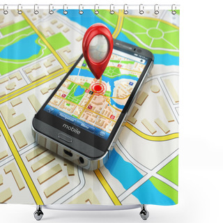 Personality  Mobile GPS Navigation Concept. Smartphone On Map Of The City, Shower Curtains