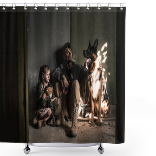 Personality  Handsome Man And Kid With Teddy Bear Sitting On Floor With German Shepherd Dog, Post Apocalyptic Concept Shower Curtains