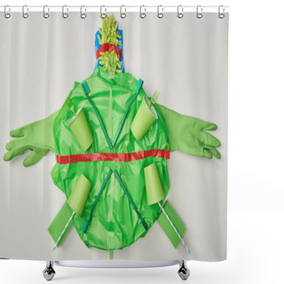 Personality  Top View Of Turtle Made From Rubber Gloves, Disposable Plastic Tableware, Bag, Sponges Isolated On White Shower Curtains