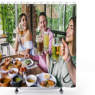 Personality  Group Of Young Latin Friends Meeting For Beer, Michelada Drinks And Mexican Food Making A Toast In Restaurant Terrace In Mexico Latin America Shower Curtains